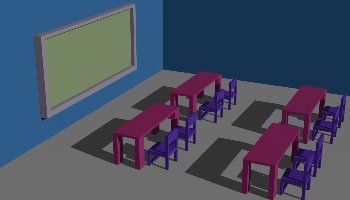 3D Layout ruang kelas warna warni