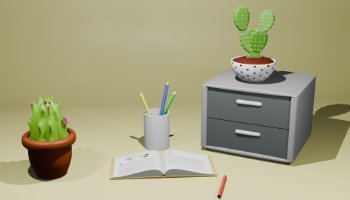 Kaktus, Rak, Buku, Tempat Pensil